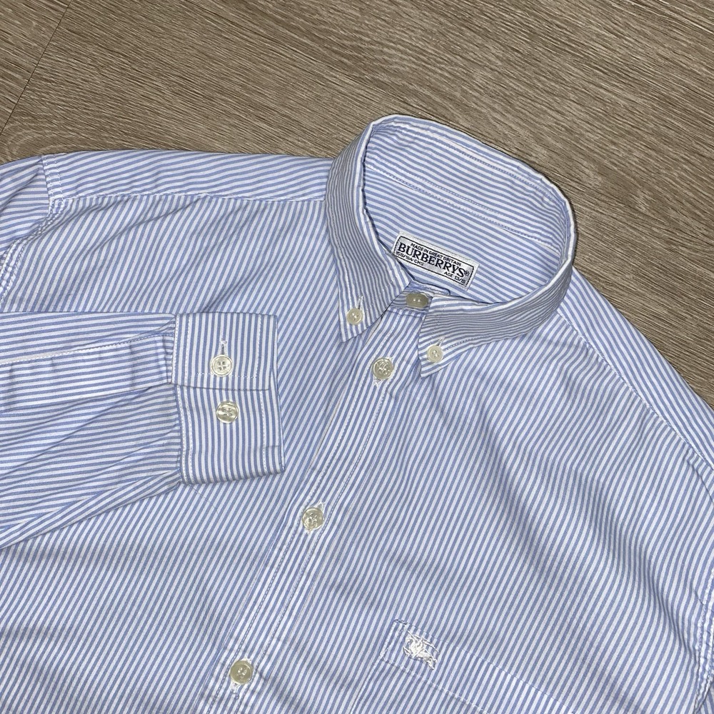 Vintage Burberrys Pinstripe Button Down Dress Shirt Youth Size 13/15 Blue Preppy